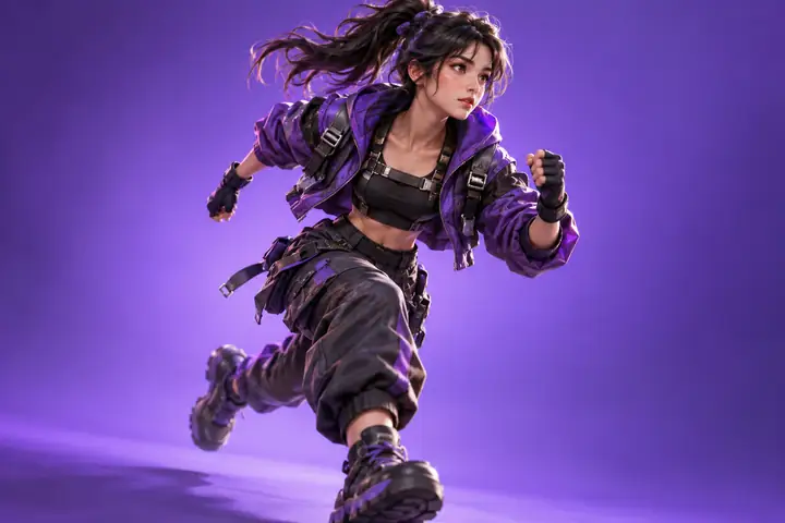 A stylized game character in a dynamic running pose on a violet studio background