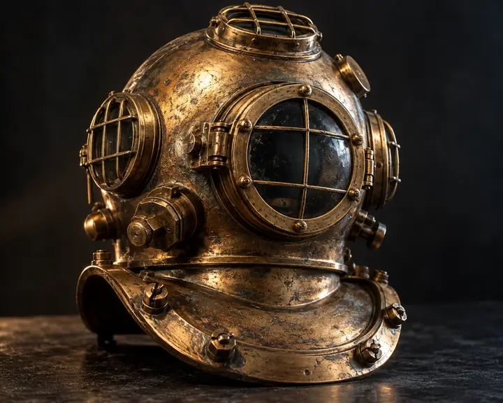 A detailed antique brass diving helmet with scratches on a dark studio background