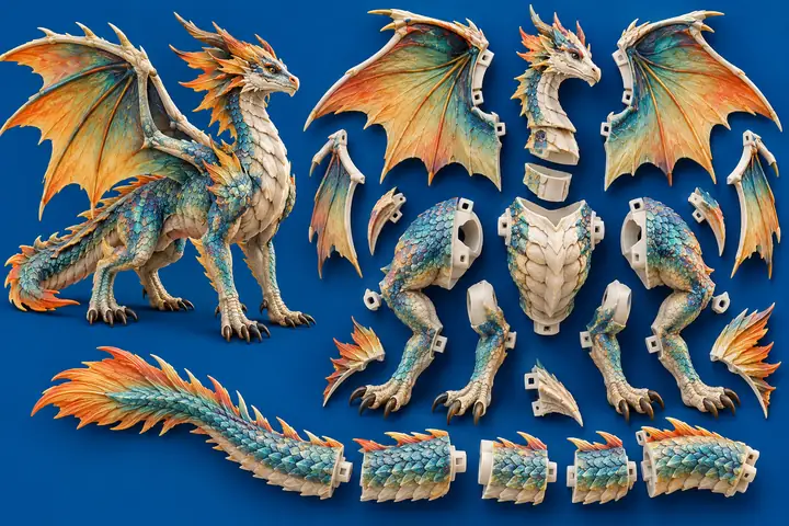 A colorful fantasy creature separated into clean printable sections on a blue background