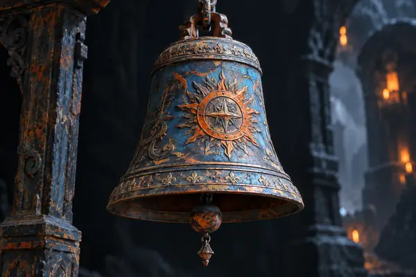 A weathered blue and orange fantasy bell model displayed against a dark background