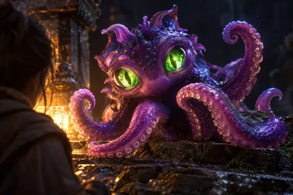 A playful purple tentacled creature with glowing green eyes against a dark background