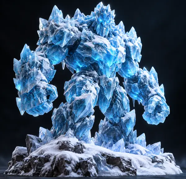 A bright blue ice golem standing on a snowy base against a dark background
