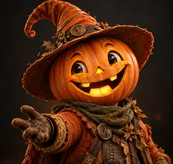 A cheerful pumpkin-headed character wearing a pointed orange hat against a dark background