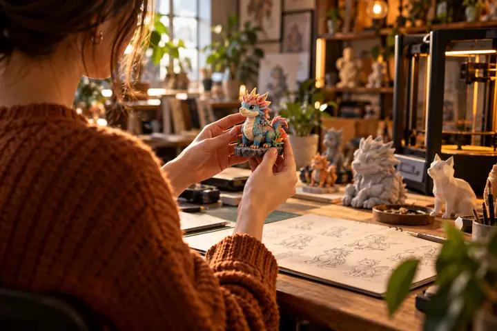 A warm creative studio with a designer examining a small colorful 3D printed model
