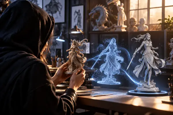 A creative 3D artist avatar with a dark hood and bright studio lighting