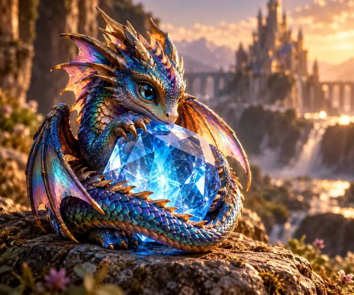 A tiny colorful fantasy dragon curled around a glowing blue crystal