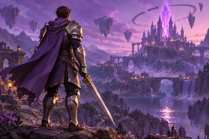 A clean low-poly armored hero model shown in a violet real-time game environment