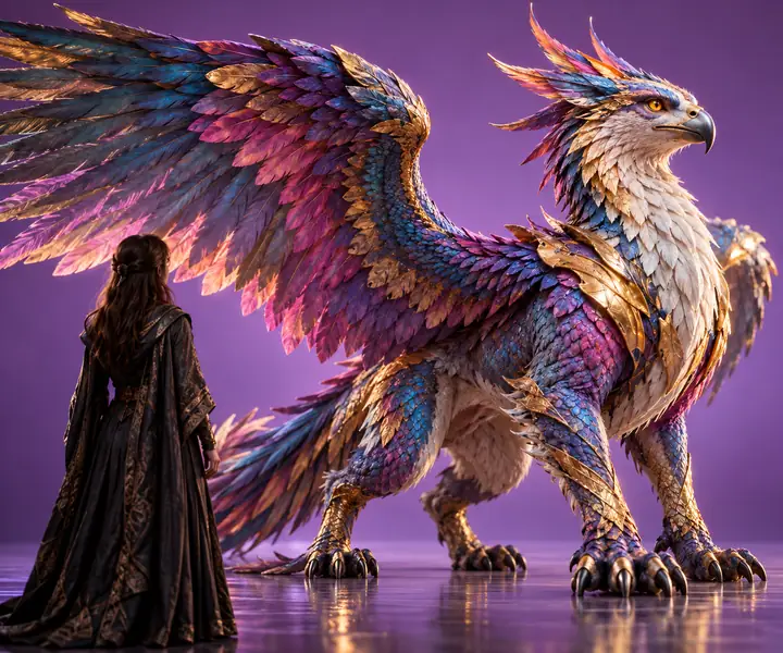 A richly textured fantasy creature with colorful materials on a violet studio background