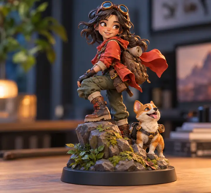 A colorful small 3D figurine on a simple round display base, shown ready for printing