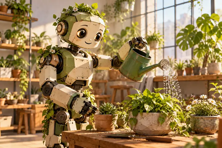 A friendly low-poly robot gardener holding a watering can in a bright studio