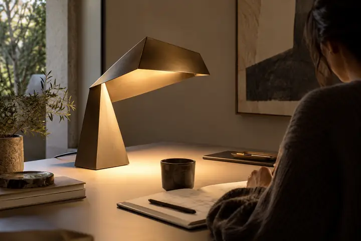 A modern sculptural desk lamp with a folded metal shade on a clean desk